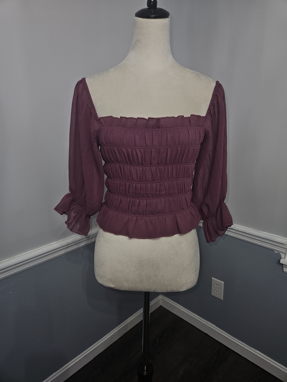 Urban Outfitters Sierra Sheer Smocked Cropped Top Mauve Sz XS